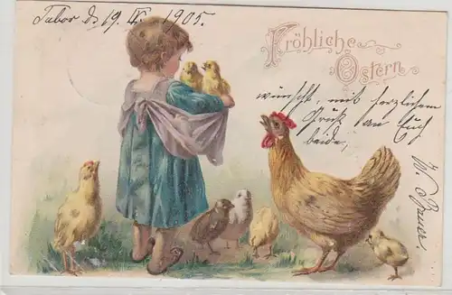 65246 Ak Joyeux Pâques: petit enfant avec poule et poussins 1905