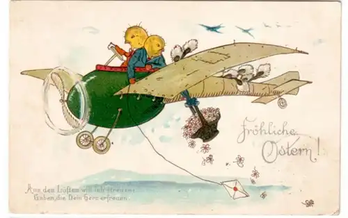 65231 Ak gai Pâques! Poussins saupoudrent d'un avion Fleurs 1914