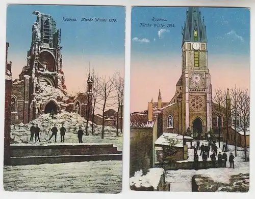 65178/2 Ak Rouvres Kirche im Winter vor und nach der Beschießung 1914 und 1915