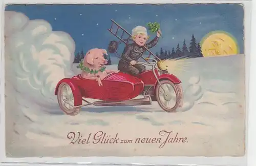 65107 Nouvel An Ak Schornsteinfeger et Glücksschwein dans la moto de voiture latérale 1930