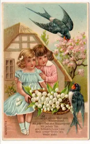 65104 Kitsch Präge Ak mit Kindern und Schwalben 1909