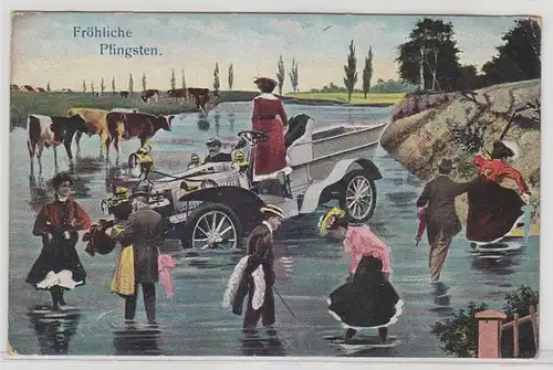 65026 Joyeux Pentecôte Ak Automobile est coincé dans le ruisseau 1908