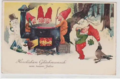 65024 Neujahrs Ak Zwerge im Wald brauen Punsch 1938