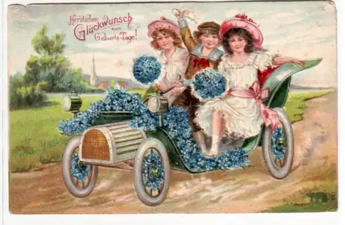 65009 Félicitations Gorge Ak 3 enfants conduire une voiture décorée de fleurs 1907