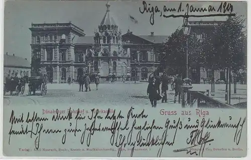 64966 Carte de la Lune Salutation de Riga en Lettonie Dunaburger gare 1900