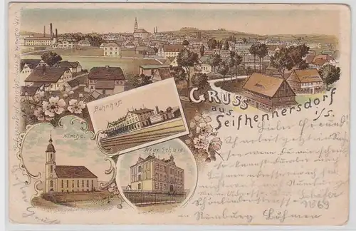 64960 Ak Lithographie Salutation de Seifhennersdorf en Saxe Gare ferroviaire etc 1898