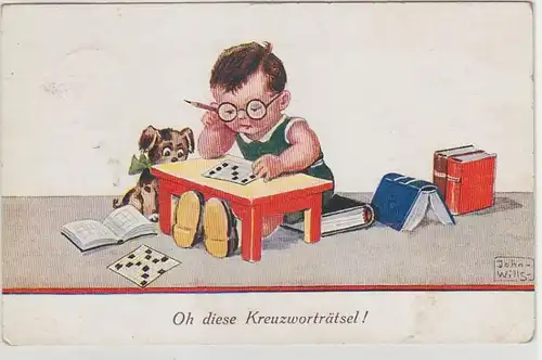 64944 Humor Ak Kind und Hund "Oh dies Kreuzworträtsel!" 1935