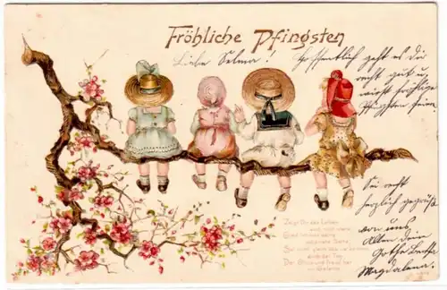64874 Fröhliche Pfingsten Präge Ak 4 Kinder sitzen auf blühendem Ast 1905