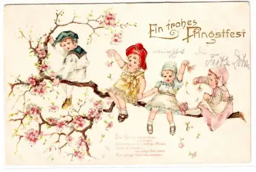 64873 Fröhliche Pfingsten Präge Ak 4 Kinder sitzen auf blühendem Ast 1904