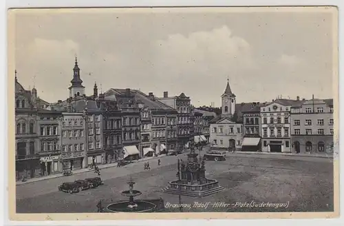 67790 Ak Braunau Place avec fontaine et magasins (Sudetengau) vers 1930
