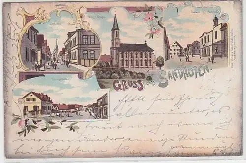 67767 Ak Lithographie Gruss aus Sandhofen Schule, Postamt usw. 1901