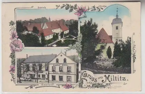 67738 Mehrbild Ak Gruß aus Miltitz Schloß, Gasthof, Kirche 1911
