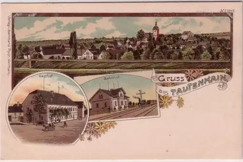 67700 Ak Lithografie Gruss aus Tautenhain Totale Gasthof Bahnhof um 1900