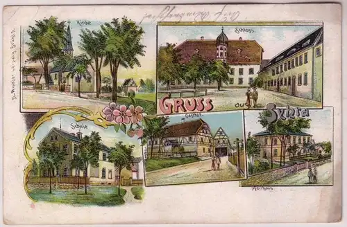 67701 Ak Lithografie Gruss aus Syhra Pfarrhaus, Gasthof, Schule usw. 1914