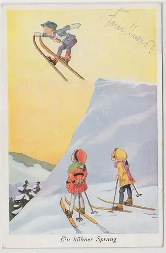67684 Humour Ak 3 enfants avec ski "Un saut audacieux" 1931