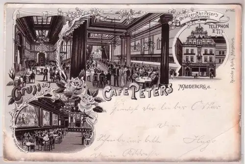 67566 Ak Lithographie Salutation de Magdeburg Café Peters 1901