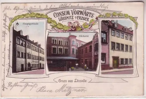 67467 Ak Lithografie Gruss aus Lössnitz im Erzgebirge Consum "Vorwärts" 1910
