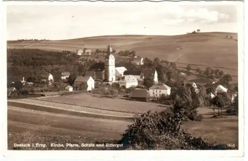 67454 Ak Drehbach im Erzgebirge Kirche, Pfarre, Schule und Rittergut 1939