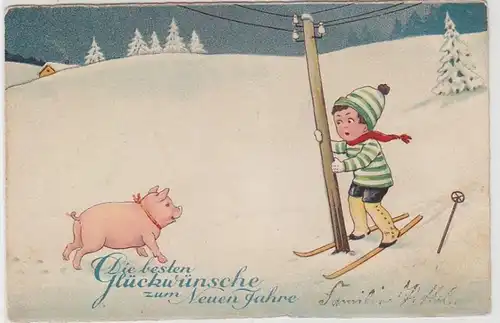 67371 Neujahrs Ak Kind mit Ski und Glücksschwein 1930