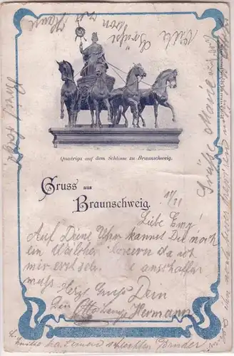 67357 Ak Gruß aus Braunschweig Quadriga auf dem Schloss 1900