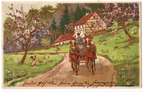 64780 Joyeux Pentecôte Ak diligence de cheval dans le paysage printemps 1905