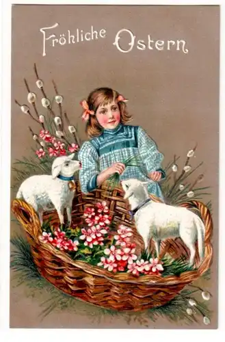 64778 Joyeux Pâques Près Ak Enfant avec des agneaux dans le panier vers 1910