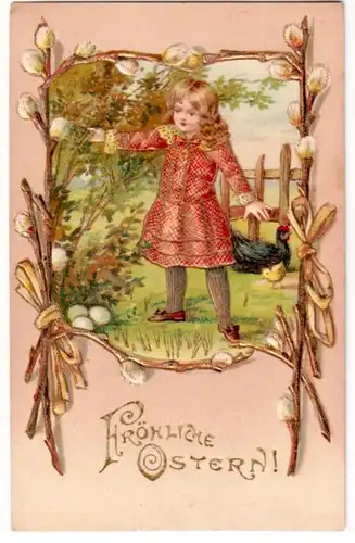 64774 Fröhliche Oster Präge Ak Kind auf Hühnerhof um 1900