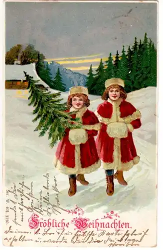 64772 Fröhliche Weihnachten Ak 2 Kinder im Pelzmantel mit Tannenbaum 1904