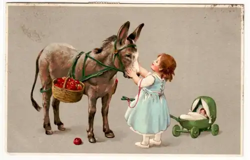 64760 Kitsch Ak Kind mit Kinderwagen und Esel mit Äpfeln 1917