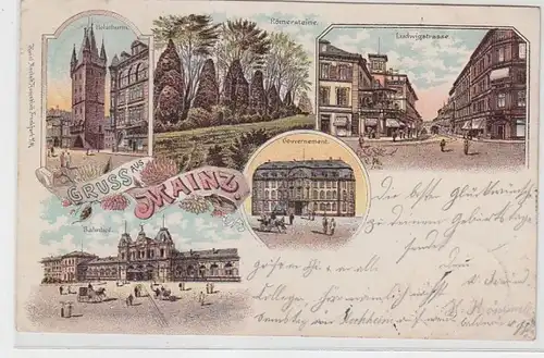 64594 Ak Lithografie Gruss aus Mainz Ludwigstrasse, Bahnhof usw. 1899