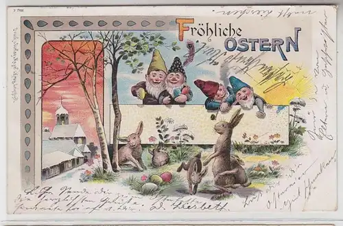 64585 Fröhliche Ostern Ak Lithographie Hasen und Zwerge 1899