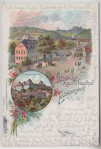 64489 Ak Lithographie Gruß von Knorrs Gasthof Erdmannsdorf 1900