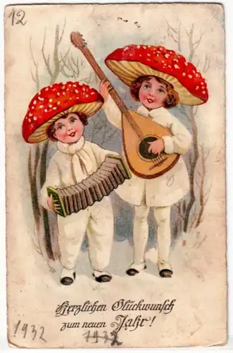 64457 Nouvel An Ak 2 enfants avec des chapeaux de mouche musiciens 1932