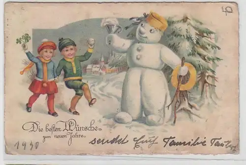 64333 Neujahrs Ak 2 Kinder mit Schneemann 1930