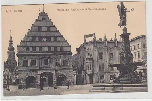 64330 Ak Greifswald marché avec hôtel de ville et fontaine impériale vers 1910