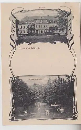 64307 Mehrbild Ak Gruß aus Gaussig Schloss und Schwanenteich um 1900