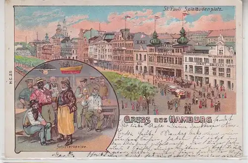 64240 Ak Lithografie Gruss aus Hamburg St. Pauli Spielbudenplatz 1905