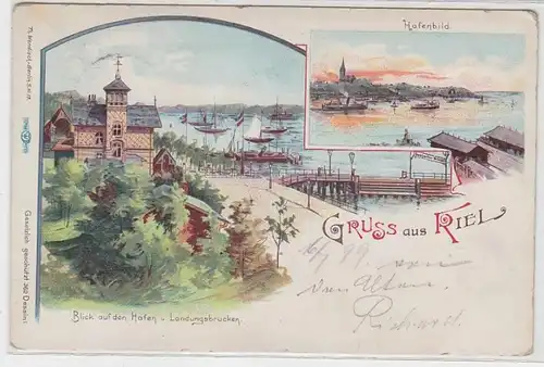 64241 Ak Lithografie Gruss aus Kiel Hafen und Landungsbrücken 1899