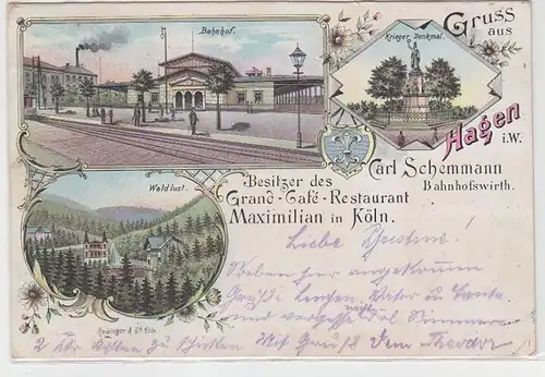64235 Ak Lithografie Gruss aus Hagen i.W. Bahnhof Bahnhofswirth 1897