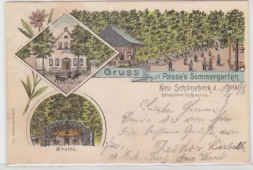 64230 Ak Lithographie Gruß aus Passes Sommergarten Neu Schönebeck b. Bremen 1898