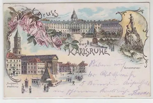 64229 Ak Lithographie Gruss de Karlsruhe Château / Marché avec Église de ville 1897