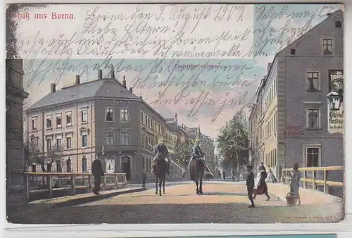 64170 Ak Gruß aus Borna Bahnhostraße mit 2 Karabinier zu Pferd 1907