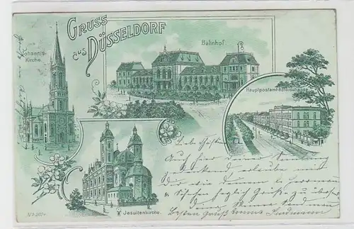 64127 Ak Lithographie Gruss de Düsseldorf Bahnhof, Haroldstrasse Post etc. 1900