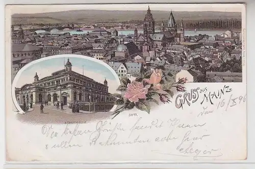 64122 Ak Lithografie Gruss aus Mainz Totalansicht und Stadthalle 1896