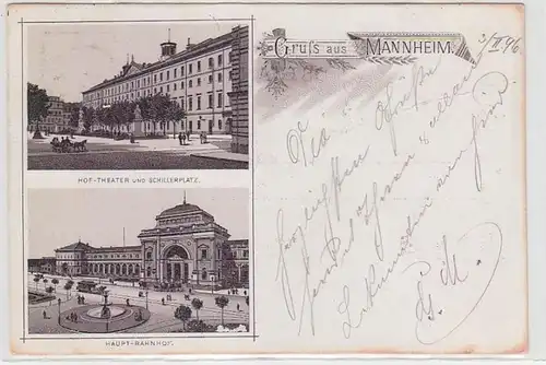 64121 Ak Gruss aus Mannheim Hof-Theater und Schillerplatz / Hauptbahnhof 1896