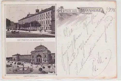 64121 Ak Gruss de Mannheim Hof-Theater et Schillerplatz / Gare centrale 1896