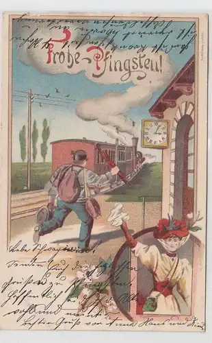 64120 Frohe Pfingsten Ak Lithographie Zug am Bahnhof 1902