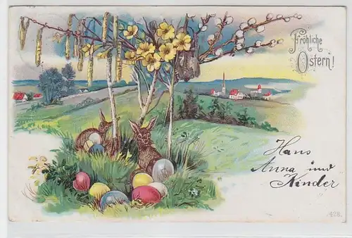 64012 Fröhliche Ostern Ak Osterhasen und Eier unter Osterbusch 1904
