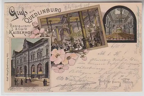 63930 Ak Lithographie Gruß aus Quedlinburg Restaurant & Café Kaiserhof 1898