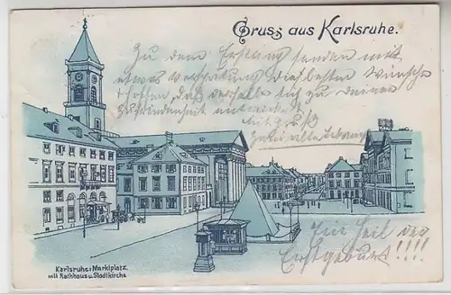 63905 Ak Gruss aus Karlsruhe Marktplatz mit Rathaus u. Stadtkirche 1900